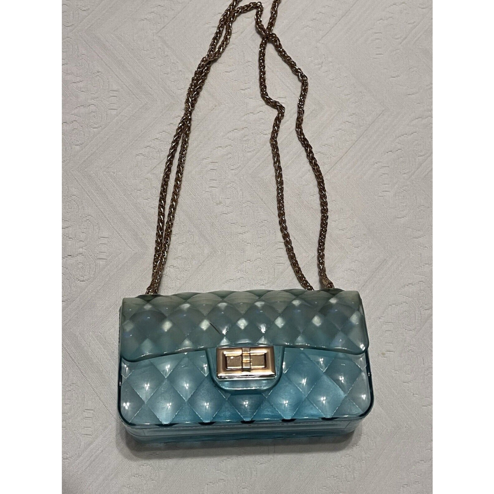 Women Blue Tint Jelly Bag Gradient Crossbody Small Clutch w/ Gold Chains USED
